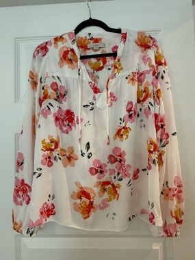 LOFT White Floral Peasant Blouse with Pink & Mustard Flowers, Size L